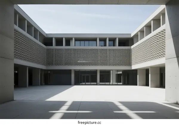 Modern Courtyard Design with Perforated Facade and Open Space