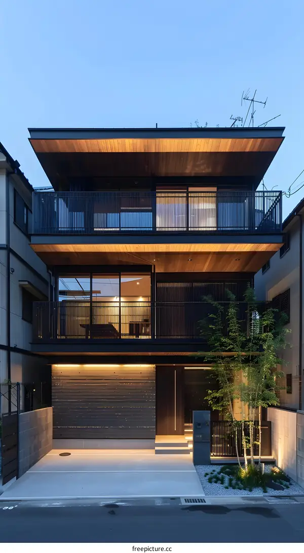 Modern Japanese House with Wood and Black Steel Design