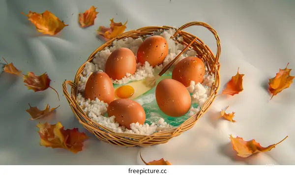 Basket of brown eggs with a cracked egg in the middle