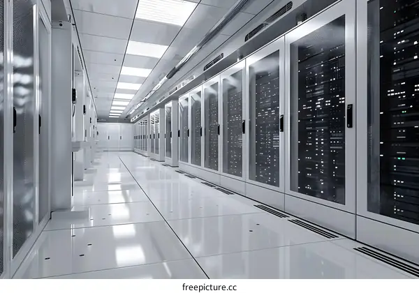 Futuristic data center with rows of server racks