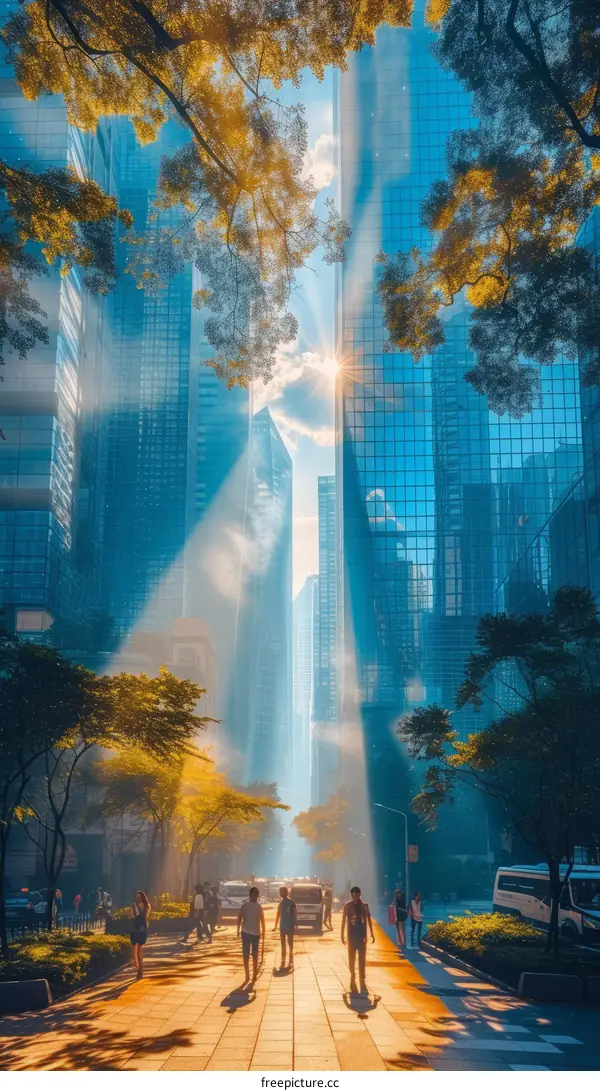 People walking on a city street with tall buildings on either side