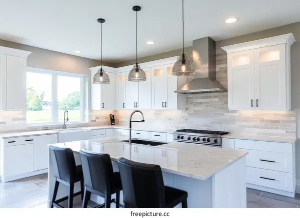Modern White Kitchen Island with Large Windows