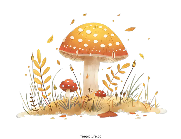 [Transparent Background PNG]Autumn Illustration with Mushrooms and Leaves