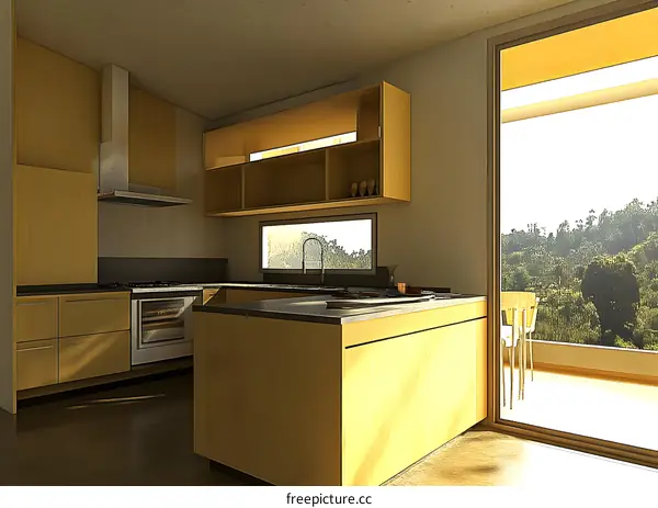 Modern Kitchen Interior Design With Wooden Cabinets And A View