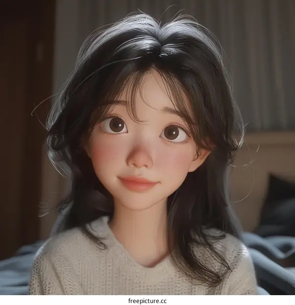 Cute Cartoon Girl with Brown Hair and Eyes Smiling