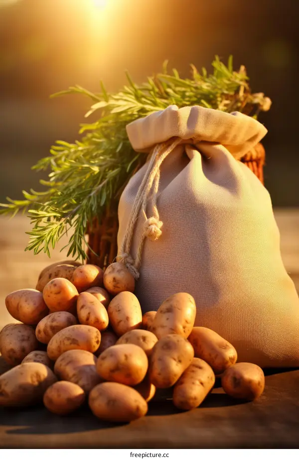 Fresh organic potatoes from the farm in a sack with rosemary on a wooden table