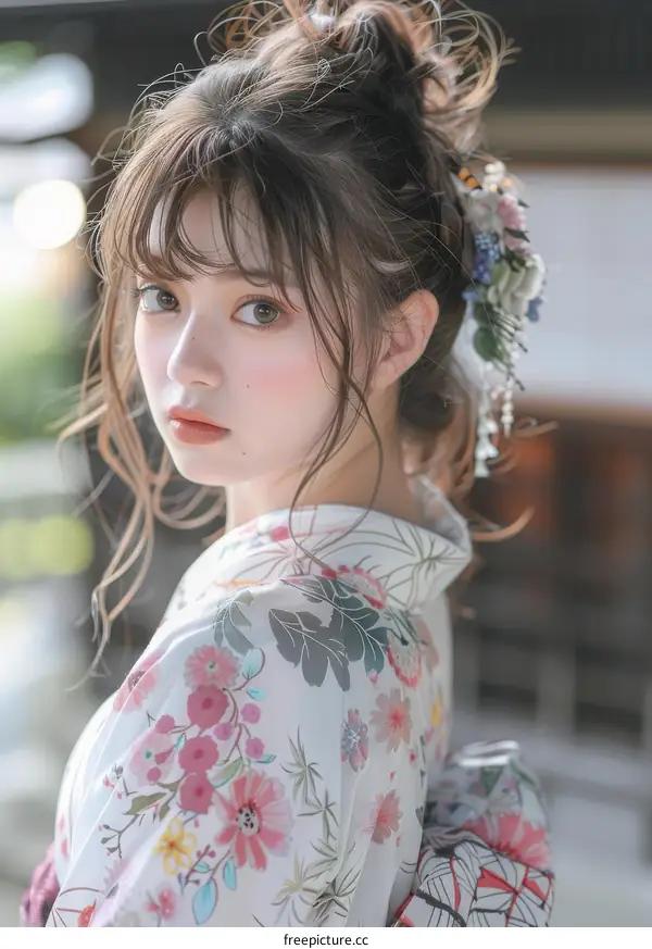 Asian Woman in Traditional Kimono with Floral Design