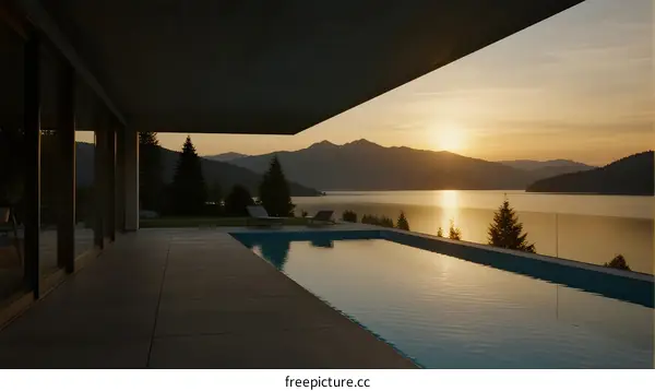 Modern house with infinity pool overlooking mountain lake at sunset