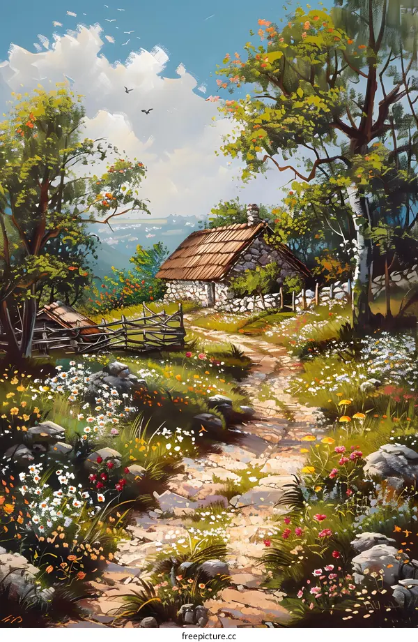 Stone Cottage with Winding Path in a Flower Field