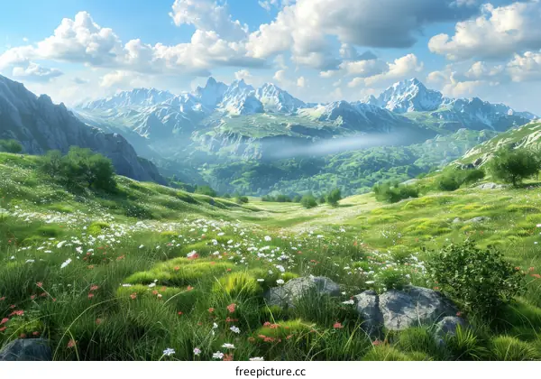 Panoramic view of a beautiful green alpine meadow with flowers in the mountains