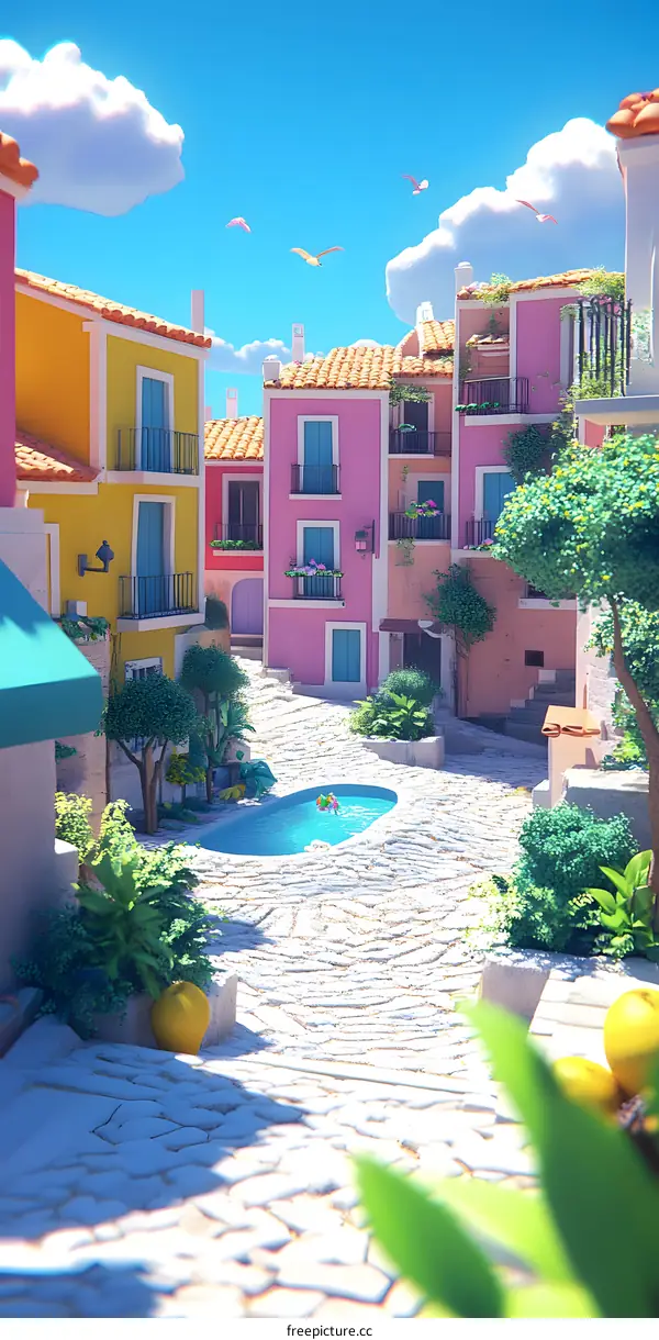 Colorful Houses and Pool in a European Town