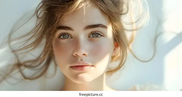 Portrait of a young woman with freckles and blue eyes