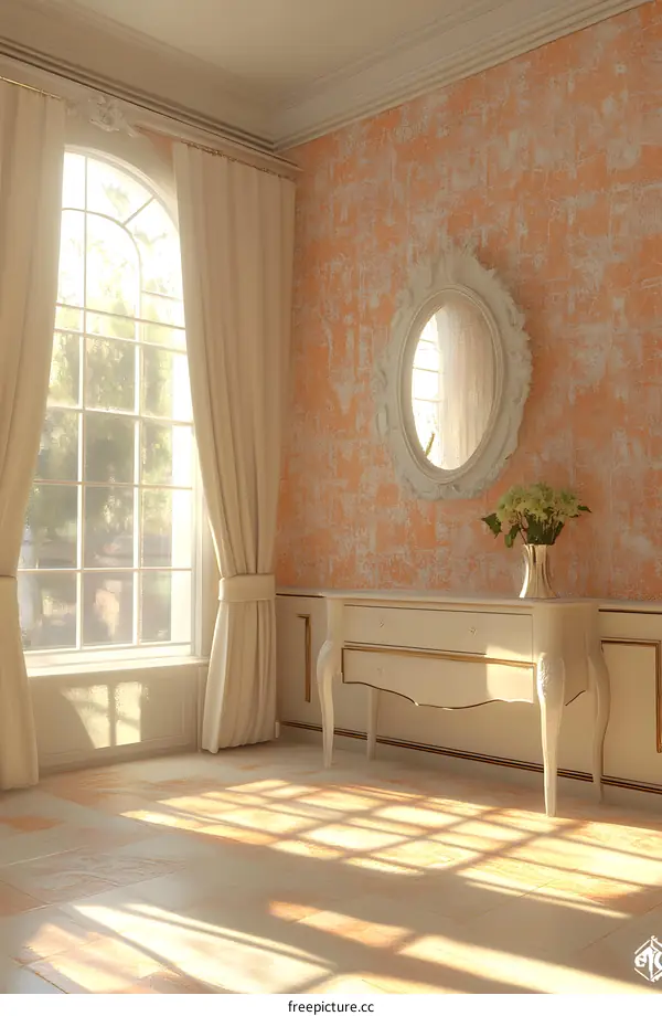 Elegant Interior Design with White Curtains and Peach Colored Wall