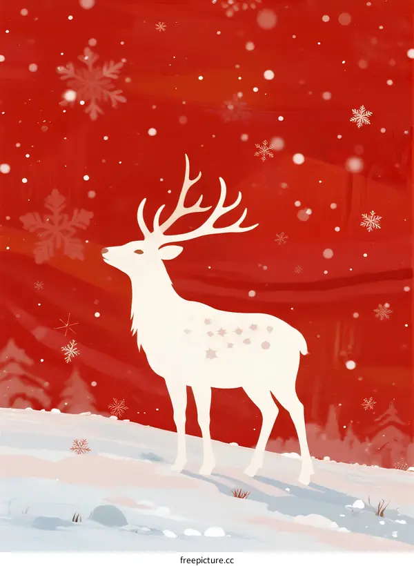 A Graceful White Deer Standing on a Snowy Field with Christmas Elements