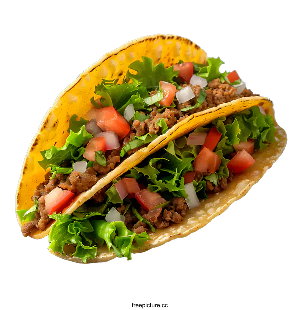 [Transparent Background PNG]Two delicious tacos with ground beef, lettuce, tomato and onion