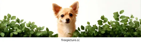 Adorable Chihuahua Puppy Surrounded by Green Leaves