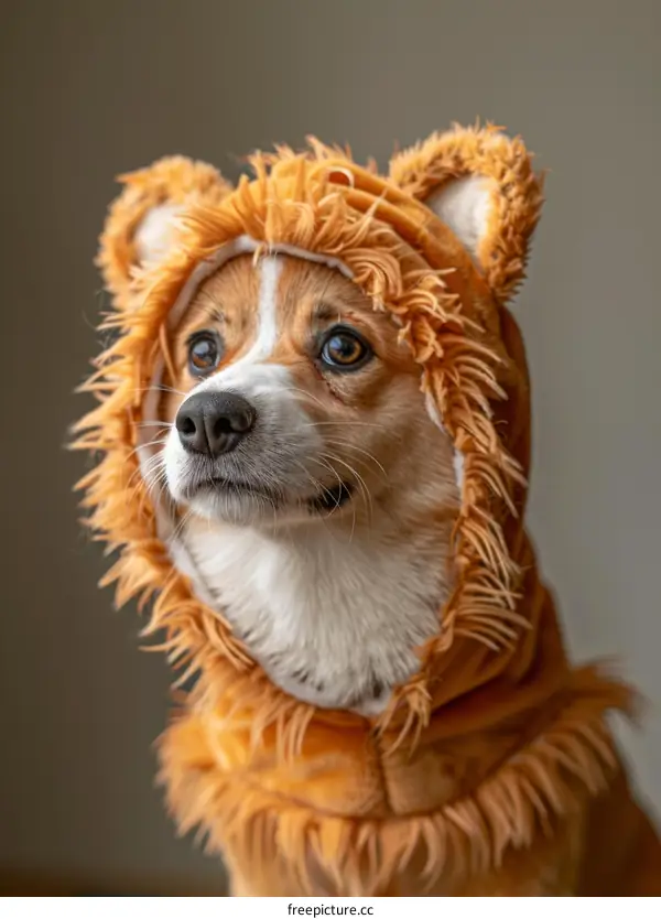 A cute corgi dog wearing a lion costume