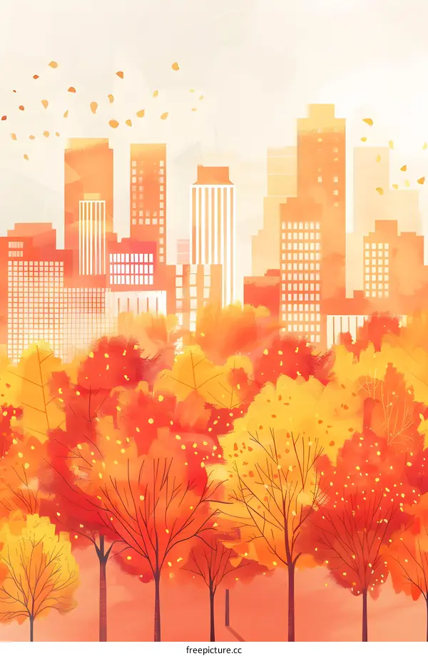 Autumn Cityscape Illustration With Orange And Yellow Trees