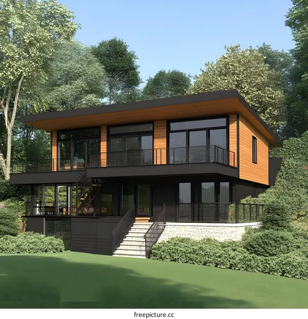 Modern House with Balcony and Green Grass