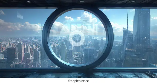 Futuristic Cityscape Panorama Through Circular Window