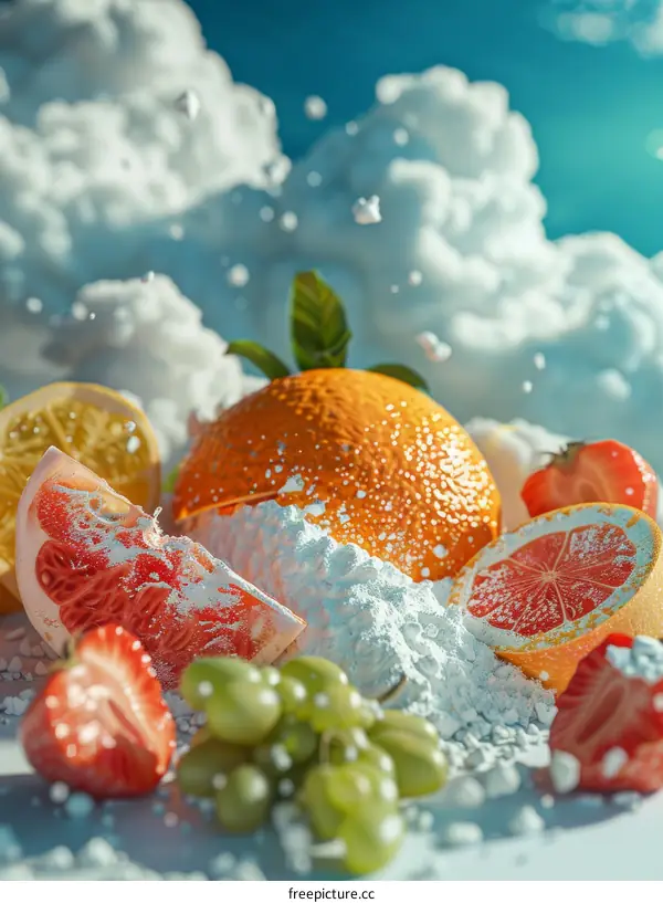 Colorful variety of citrus fruits and berries covered in snow