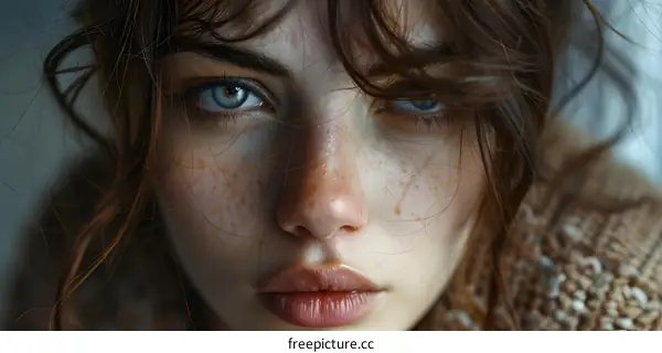 portrait of a young woman with freckles and blue eyes
