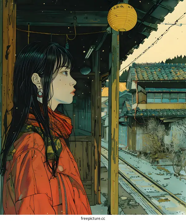 A girl standing in a train station with a lantern in the background