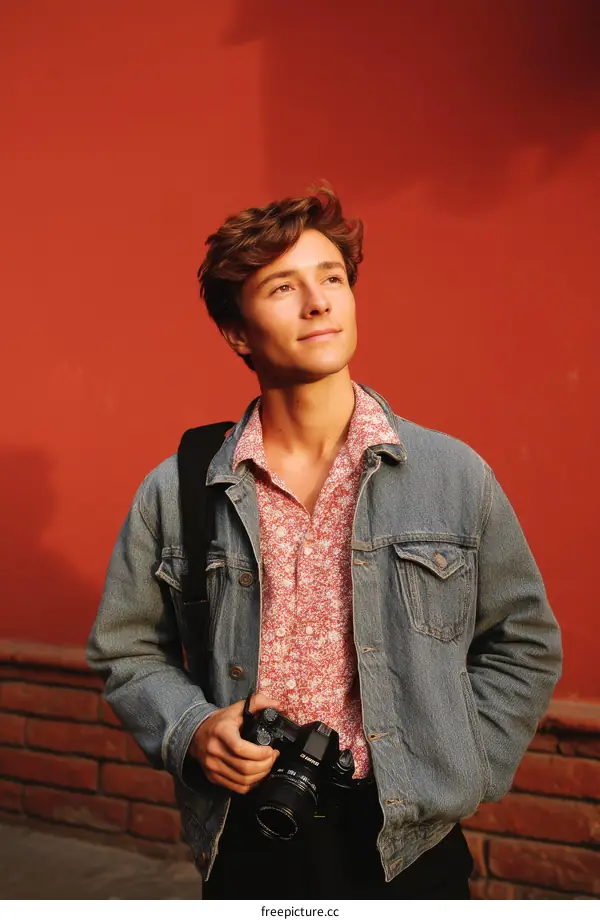 Young Man with Camera Against a Vibrant Red Wall