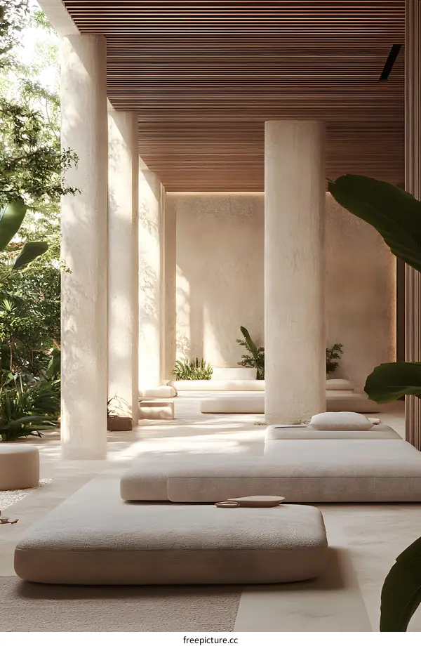 Minimalist Architecture with Wooden Ceiling and Cushioned Lounges