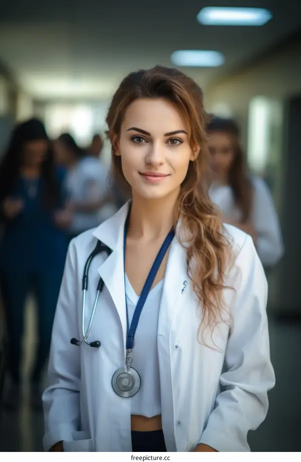 Confident female doctor in white coat standing in hospital hallway