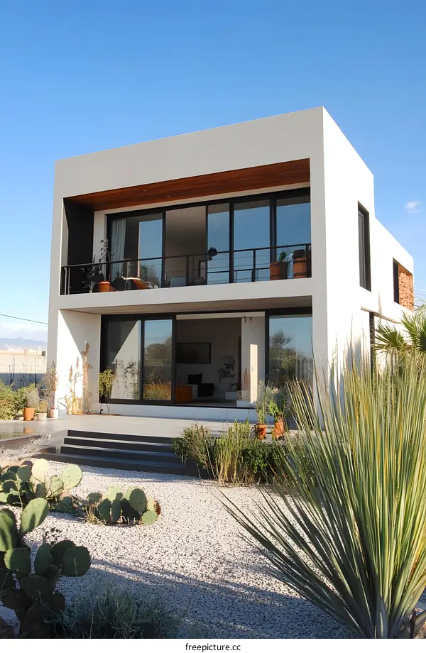 Modern White Two Story House with Large Windows and Desert Landscaping