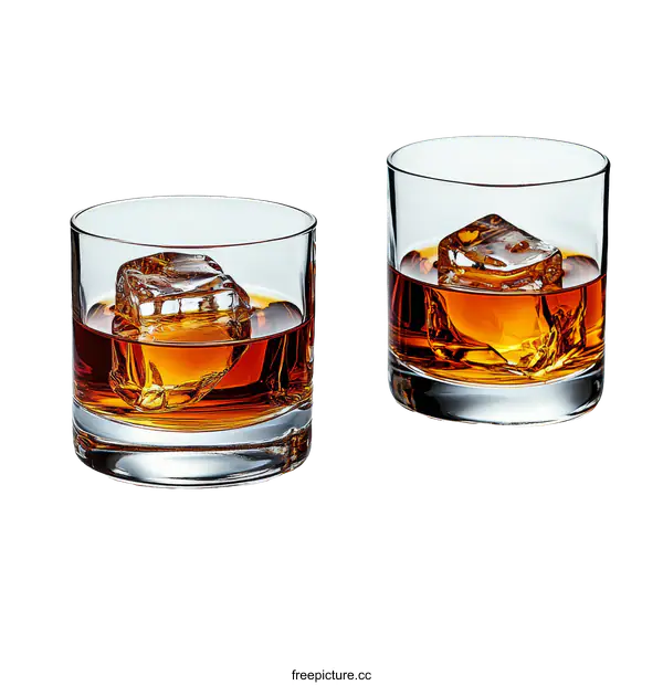 [Transparent Background PNG]Two Glasses of Whiskey with Ice Cubes