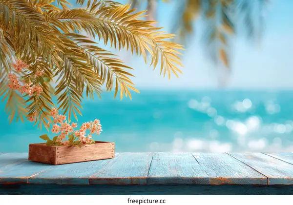 Summer Beach Wooden Table Top with Palm Leaves and Flowers