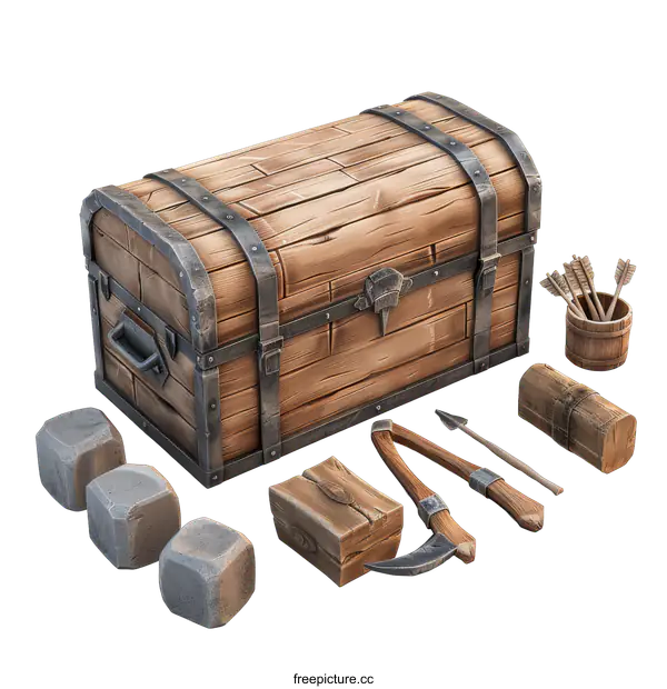 [Transparent Background PNG]A wooden chest with various items around it