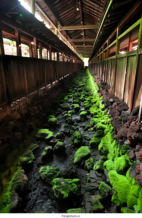 Green Moss Growing on Rocks in a Japanese Temple Corridor