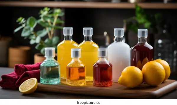 Different types of colorful cleaning products with a lemon and towel