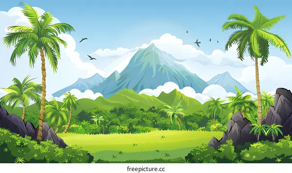 Tropical Rainforest Landscape With Palm Trees And Mountains