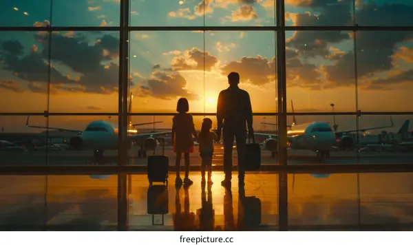 Family of three at the airport looking at airplanes