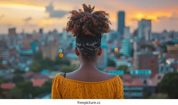 A young woman with frizzy hair looks out over a city at sunset