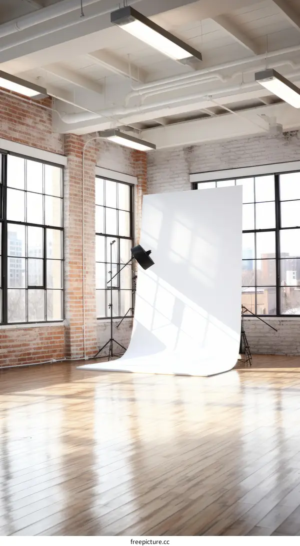 Photo studio with brick walls and large windows