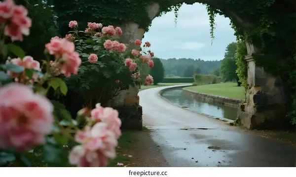 Pink Roses Archway Leading to Scenic Garden Path