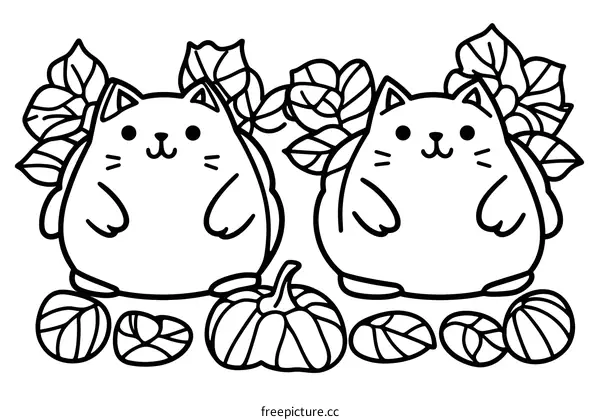 Cute Cartoon Cats with Pumpkins and Leaves Coloring Page