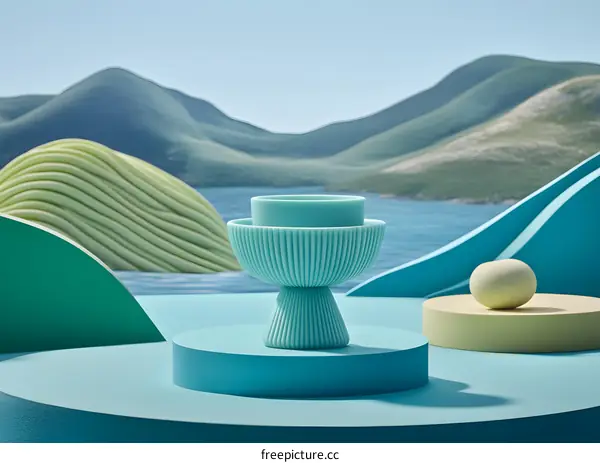 Blue Ceramic Candle Holder on Abstract Green Hills Background