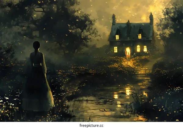 The woman standing in the flowers near the house in the middle of the night