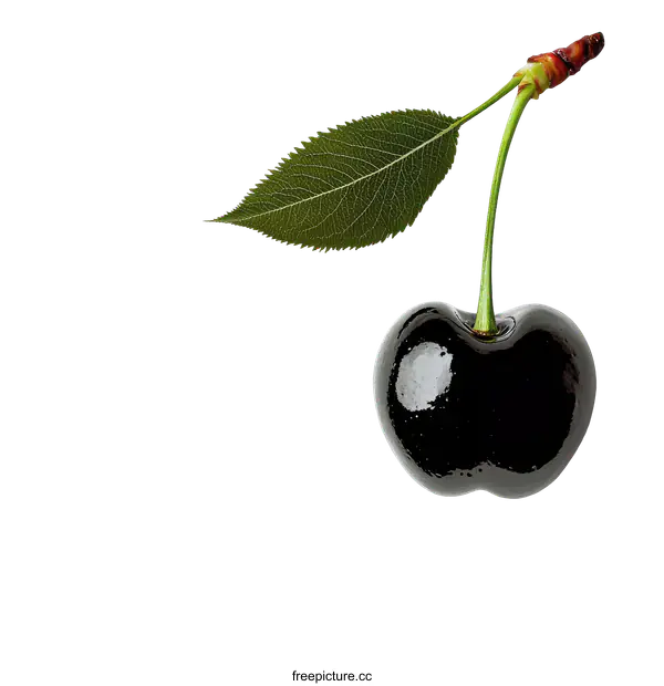 [Transparent Background PNG]Black Cherry with Green Leaf on White Background