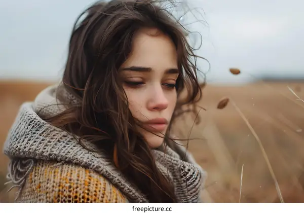 portrait of a beautiful sad girl in a field