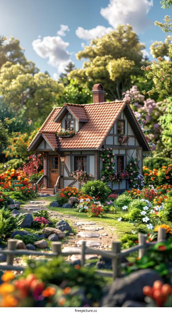 Small cottage house in the middle of a lush flower garden
