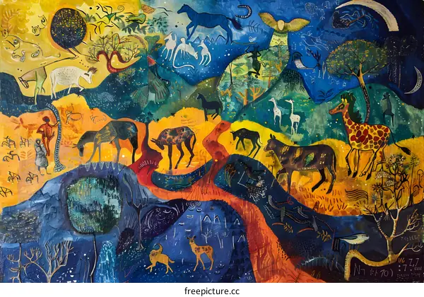 Abstract Watercolor Painting of Animals in a Landscape