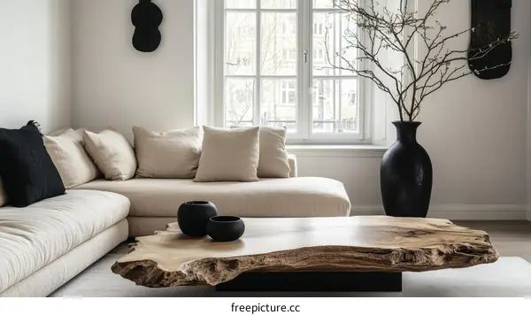 Modern Minimalist Living Room with Raw Wood Coffee Table