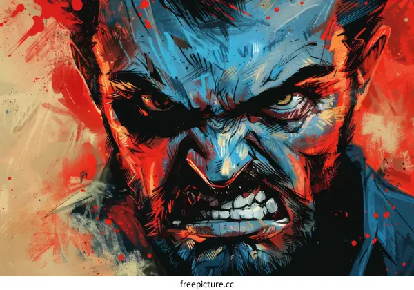 An illustration of a mans face with a red background.